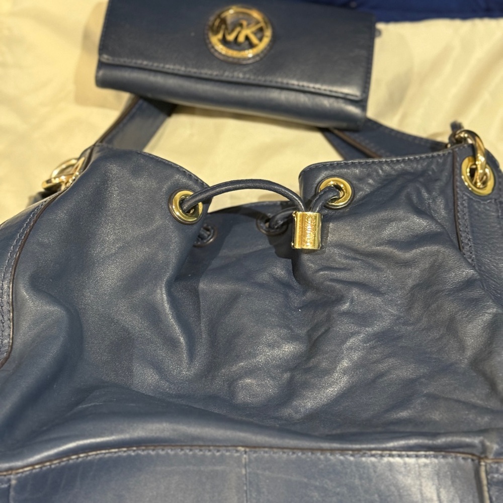 Michael Kors Navy Leather Shoulder Bag with Gold Accents